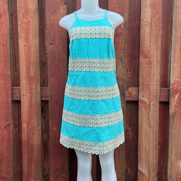 Lilly Pulitzer Annabelle Shift Shorely Blue Gold Lace Dress Size 4 - Picture 3 of 14